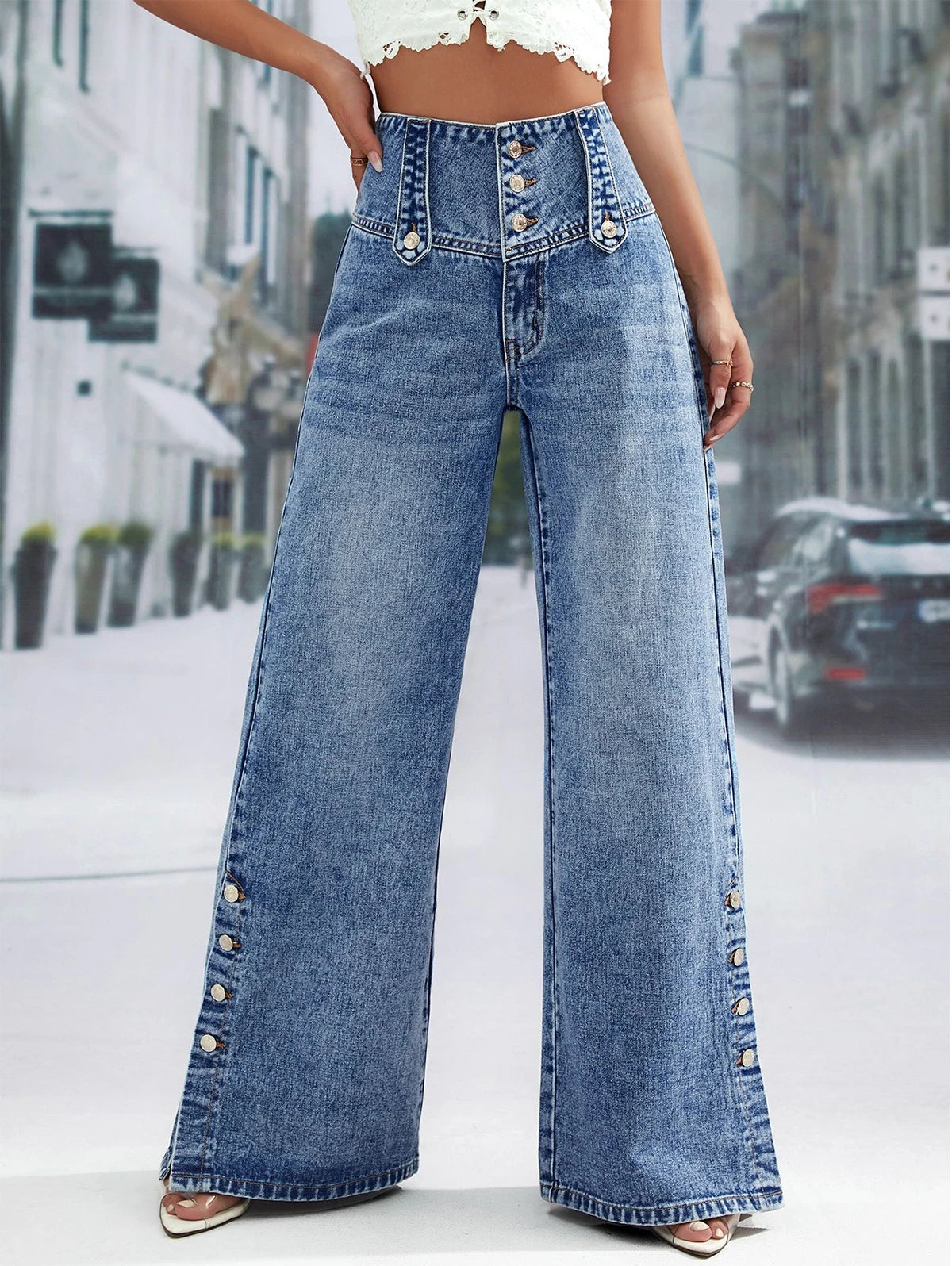 Sofia&Aurora™ - Recht Model Jeans met Hoge Taille en Wijde Pijpen
