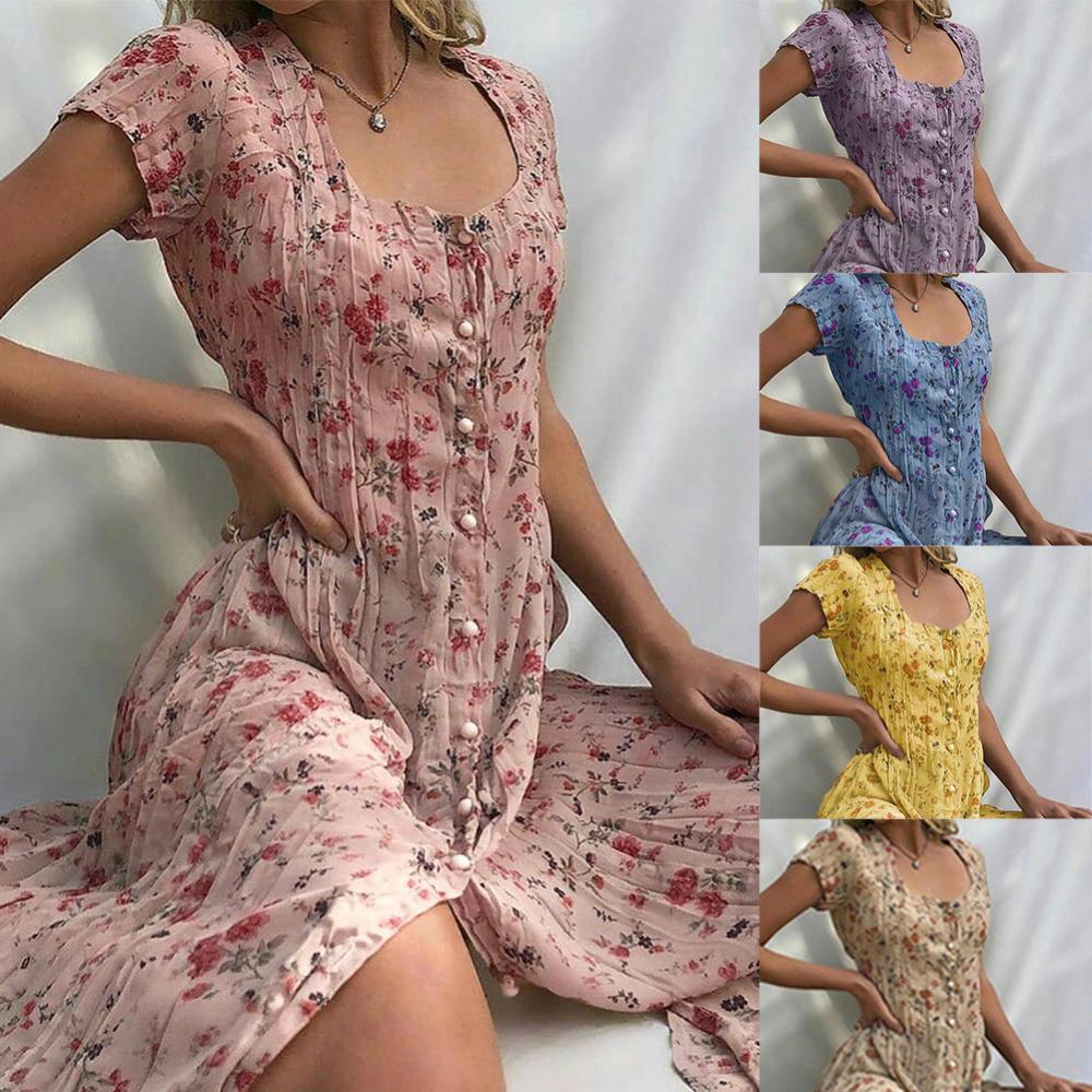 Camilla™ - Vintage Midi Dress met korte mouw, knopen en bloemprint