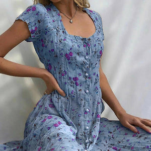 Camilla™ - Vintage Midi Dress met korte mouw, knopen en bloemprint
