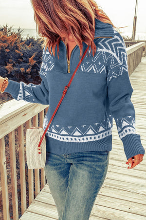 Sofia&Aurora™ Geometric Ribbed Zip Sweater - Trifoglio